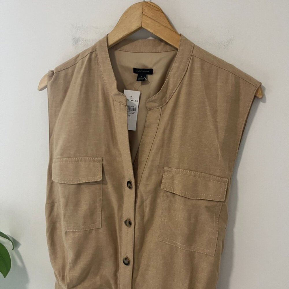 NEW Ann Taylor Brown Split Neck Sleeveless Linen Jumpsuit Size 16 - Picture 3 of 7